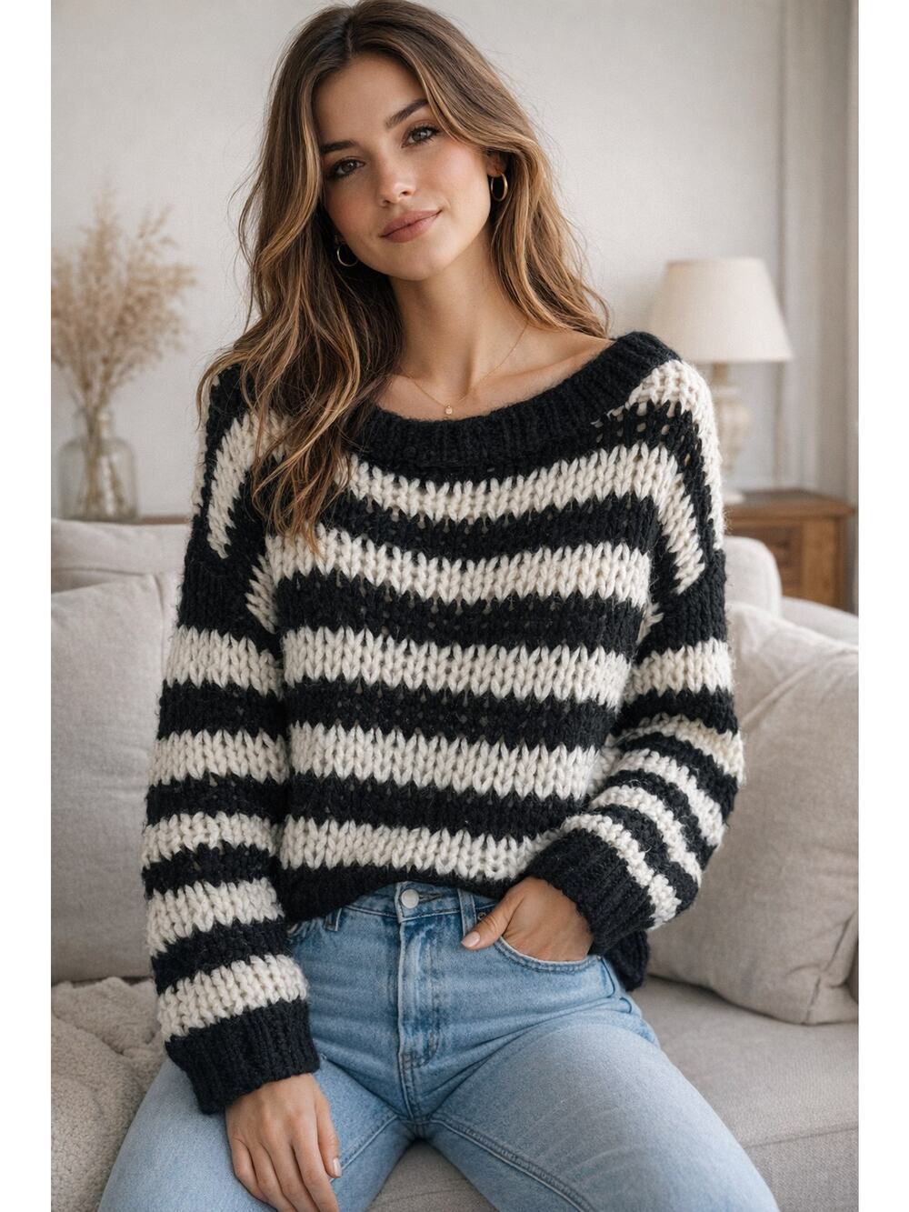 By Together Black and White Oversized Chunky Boat neck sweater in Size S.